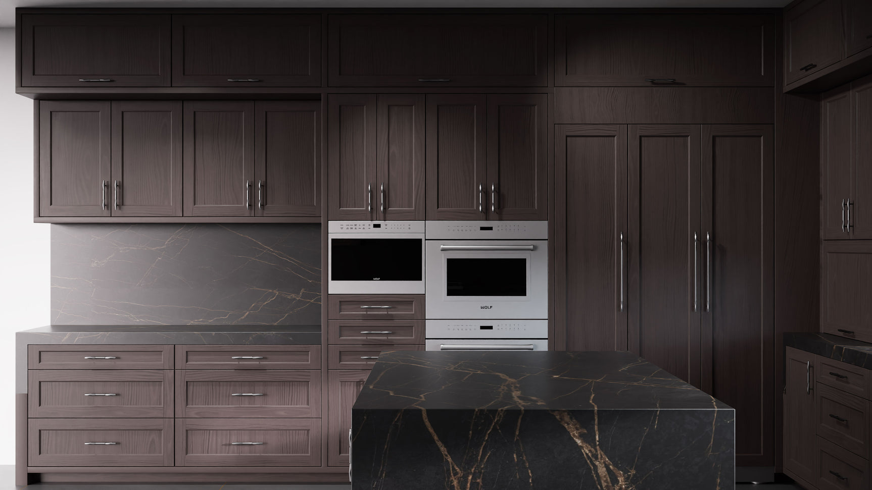 Greenfield Onyx Cherry ( Cherry | Plain Cut [ Frameless • Satin • Stained ] - 10' X 10' Kitchen Cabinet ) | Assembled In USA