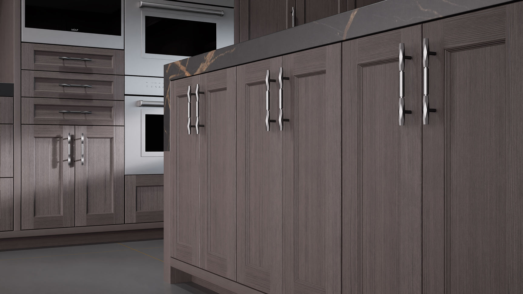 Greenfield Onyx Oak ( White_Oak | Rift Cut [ Frameless • Wire Brushed • Stained ] - 10' X 10' Kitchen Cabinet ) | Assembled In USA