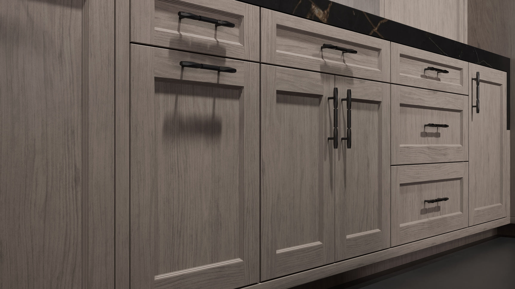 Greenfield Pewter Cherry ( Cherry | Plain Cut [ Frameless • Satin • Stained ] - 10' X 10' Kitchen Cabinet ) | Assembled In USA