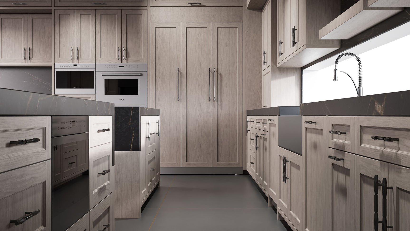 Greenfield Pewter Cherry ( Cherry | Plain Cut [ Frameless • Satin • Stained ] - 10' X 10' Kitchen Cabinet ) | Assembled In USA