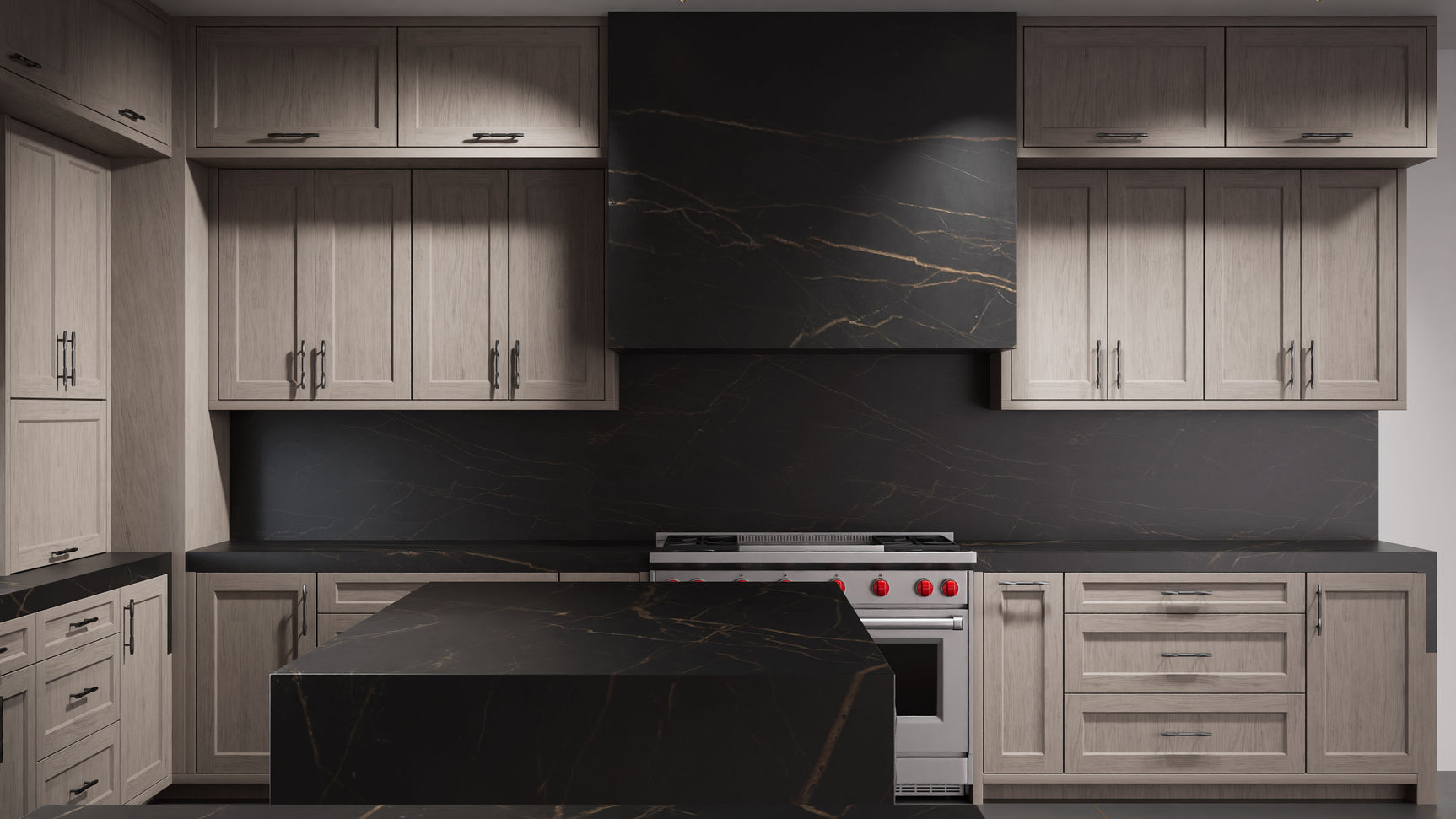 Greenfield Pewter Cherry ( Cherry | Plain Cut [ Frameless • Satin • Stained ] - 10' X 10' Kitchen Cabinet ) | Assembled In USA