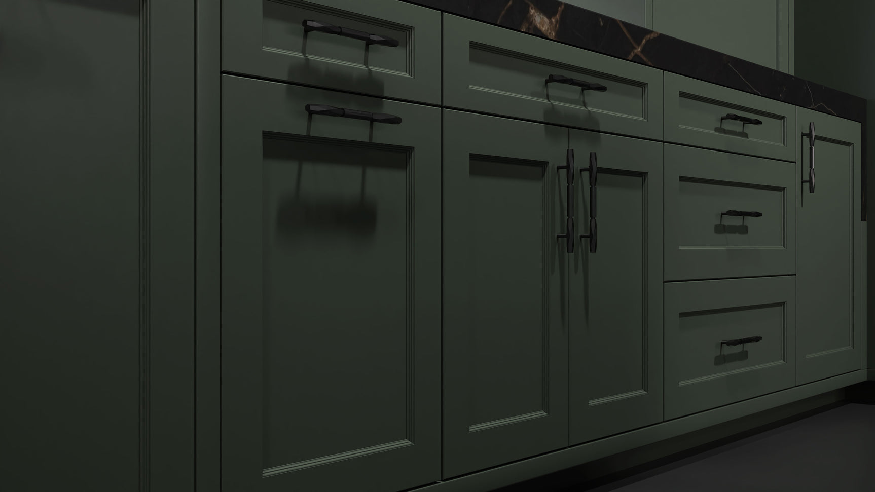 Greenfield Pewter Green ( Maple | Plain Cut [ Frameless • Satin • Painted ] - 10' X 10' Kitchen Cabinet ) | Assembled In USA