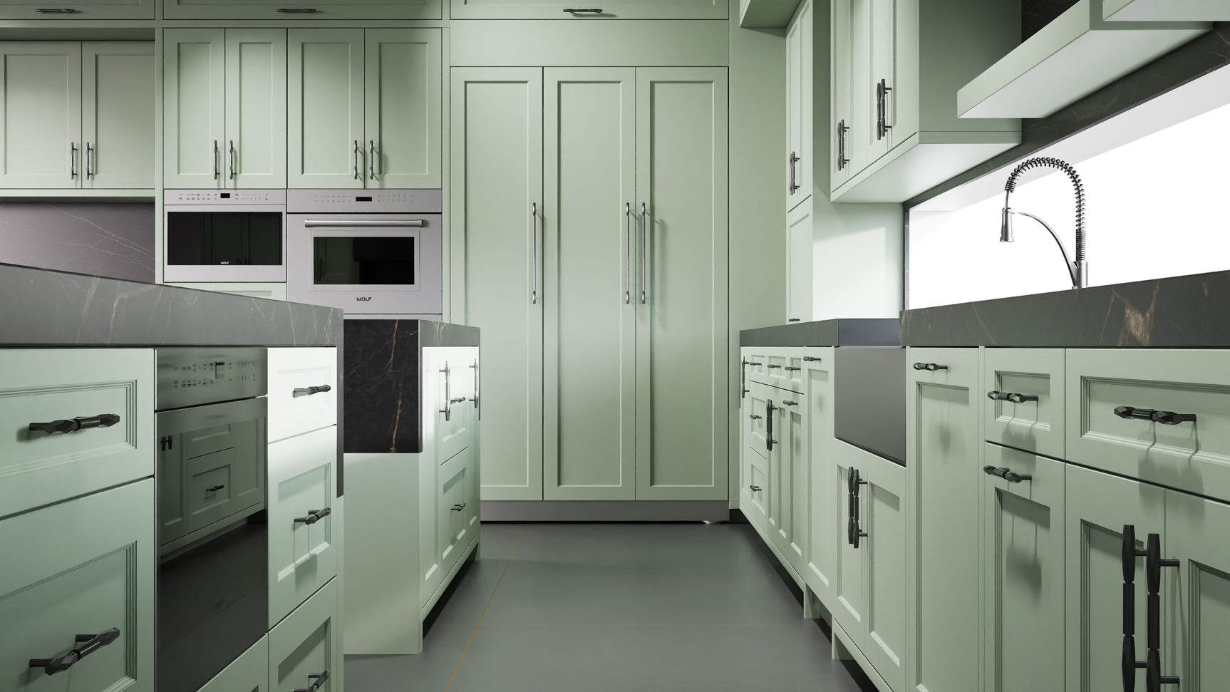 Greenfield Sage Green ( Maple | Plain Cut [ Frameless • Satin • Painted ] - 10' X 10' Kitchen Cabinet ) | Assembled In USA