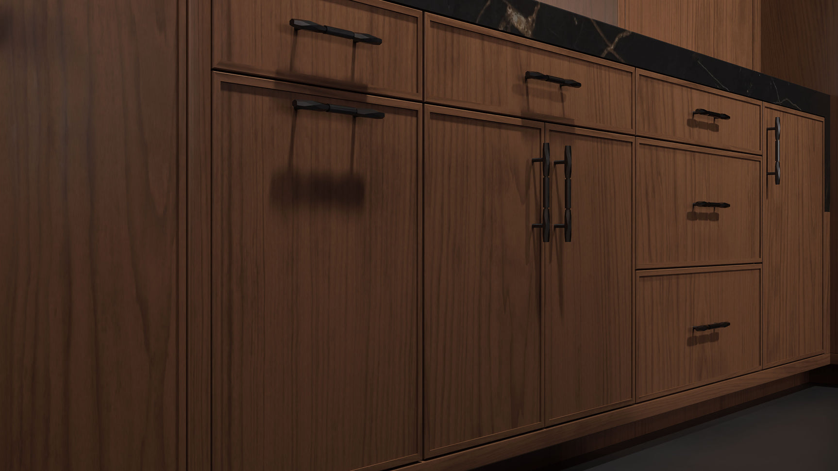 Hampton Square Natural Walnut ( Walnut | Plain Cut [ Frameless • Satin • Stained ] - 10' X 10' Kitchen Cabinet ) | Assembled In USA