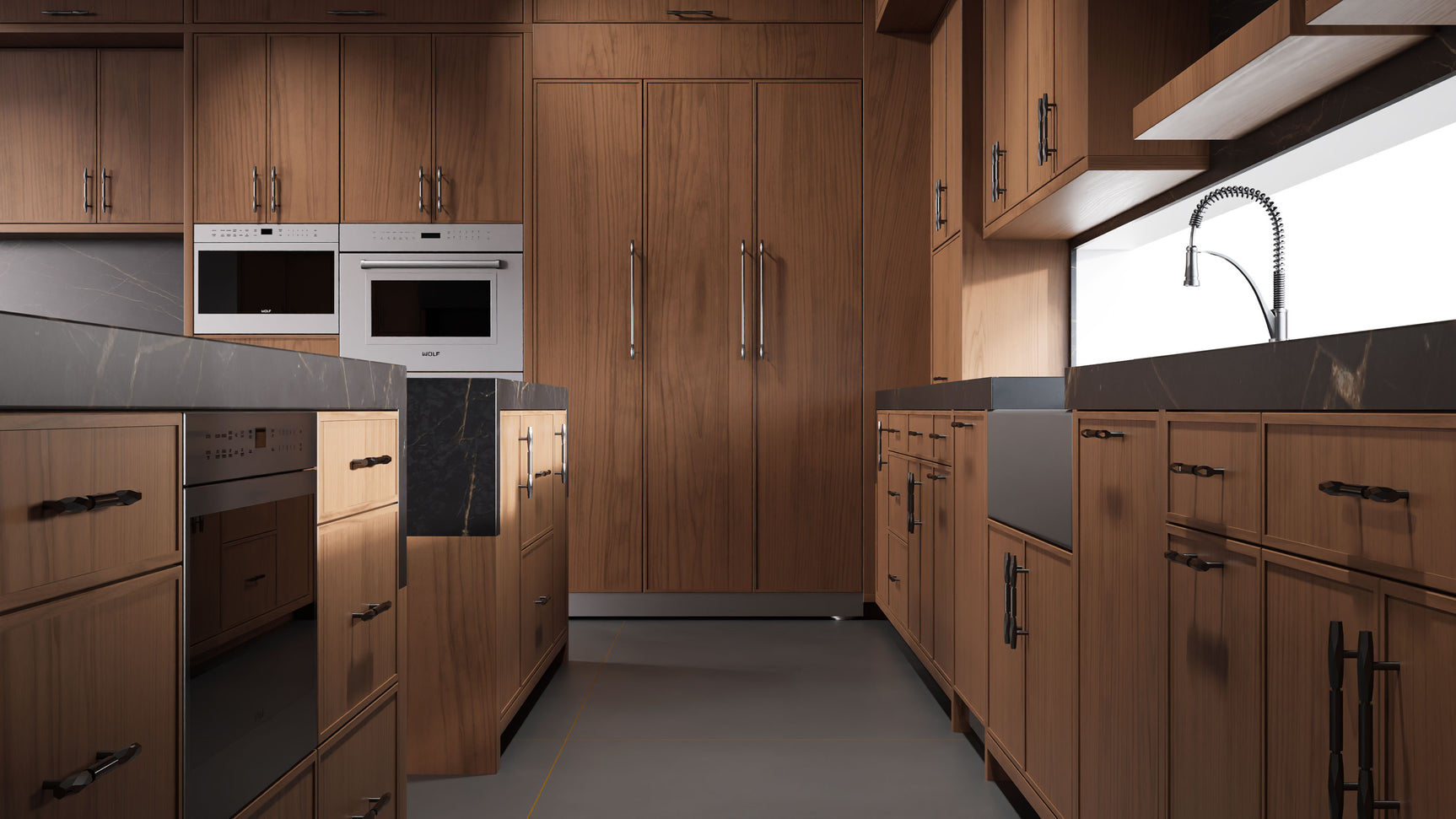 Hampton Square Natural Walnut ( Walnut | Plain Cut [ Frameless • Satin • Stained ] - 10' X 10' Kitchen Cabinet ) | Assembled In USA