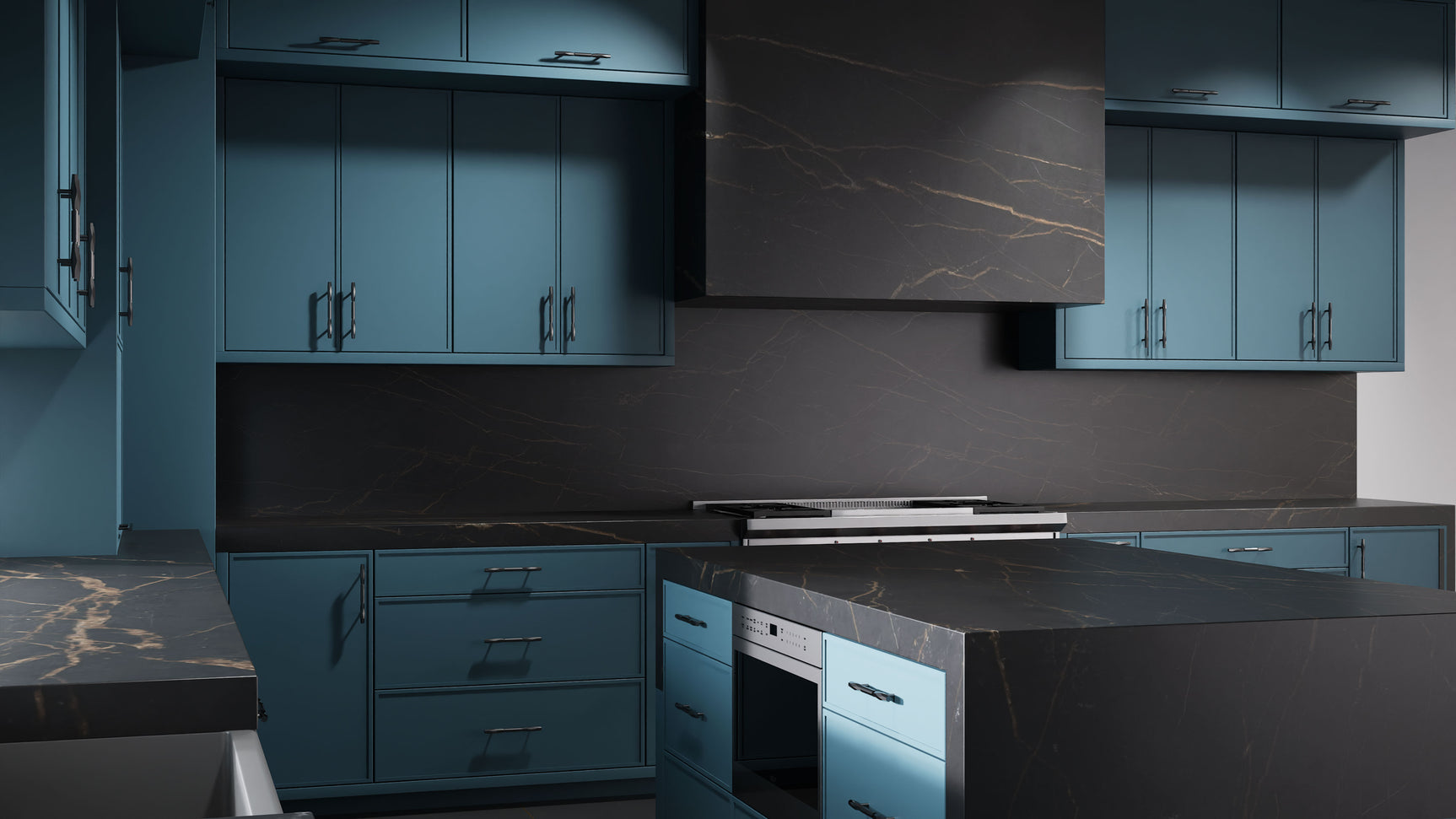 Hampton Square Oceana Blue ( Maple | Plain Cut [ Frameless • Satin • Painted ] - 10' X 10' Kitchen Cabinet ) | Assembled In USA