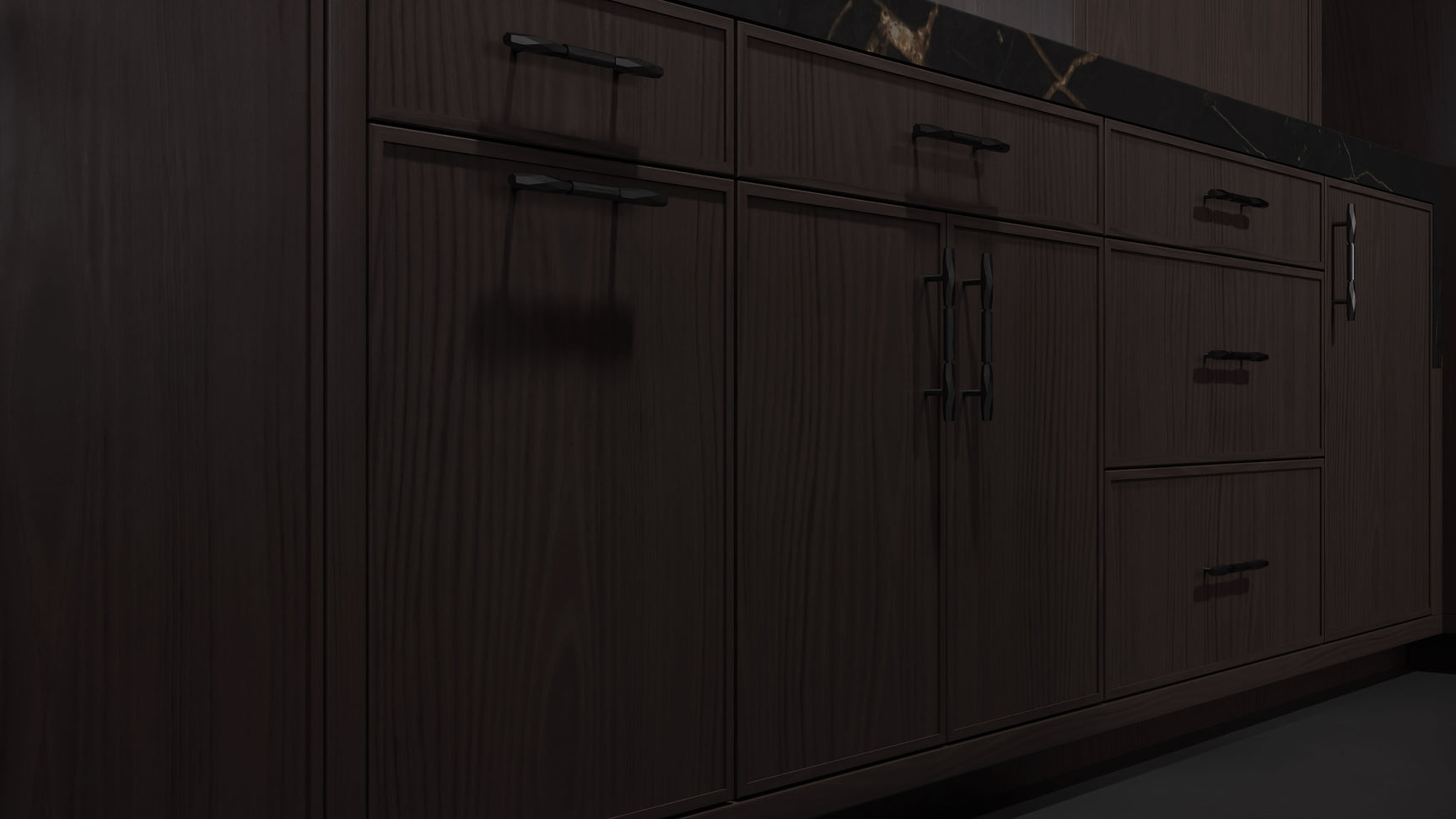 Hampton Square Onyx Cherry ( Cherry | Plain Cut [ Frameless • Satin • Stained ] - 10' X 10' Kitchen Cabinet ) | Assembled In USA