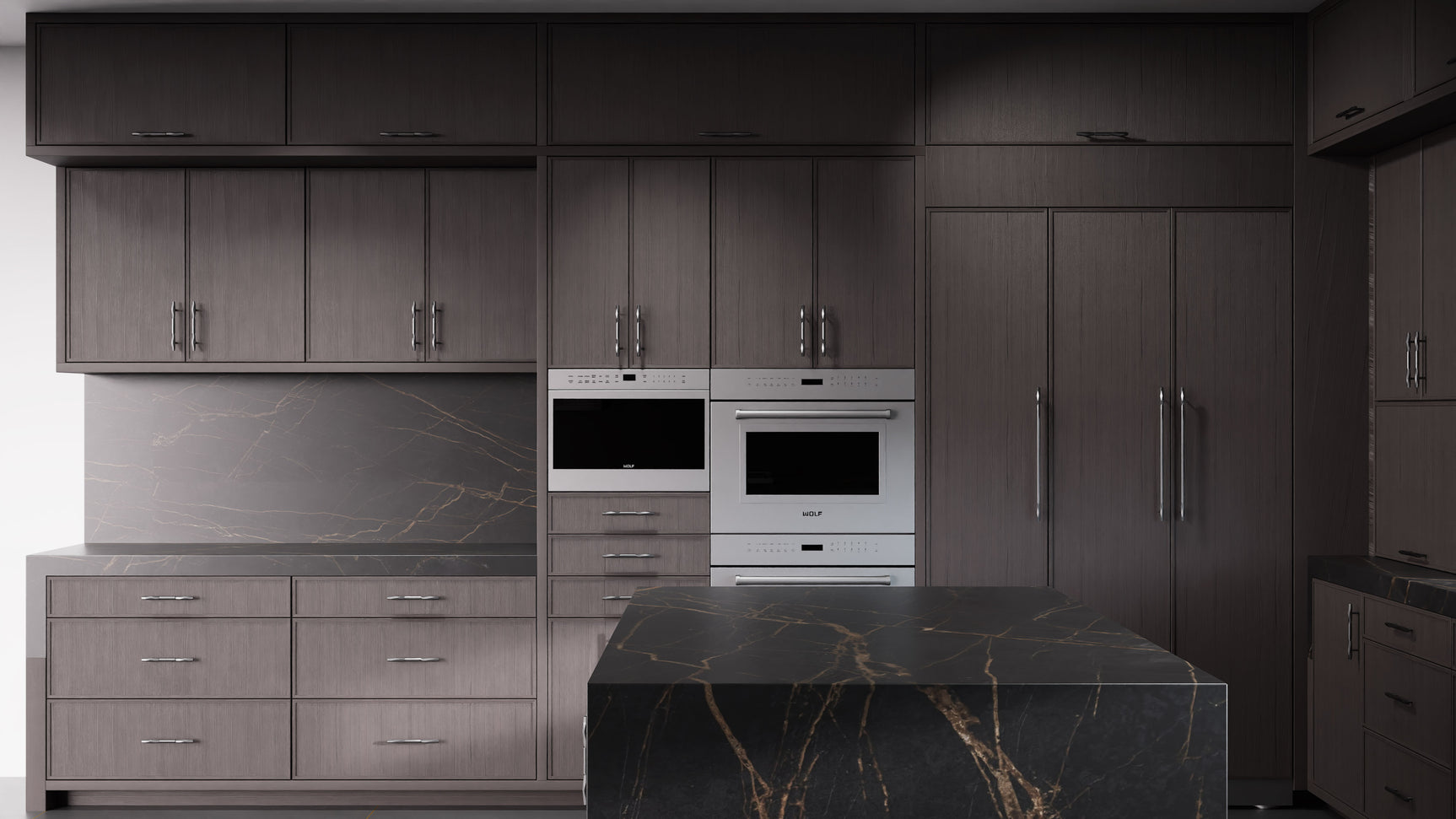 Hampton Square Onyx Oak ( White_Oak | Rift Cut [ Frameless • Wire Brushed • Stained ] - 10' X 10' Kitchen Cabinet ) | Assembled In USA