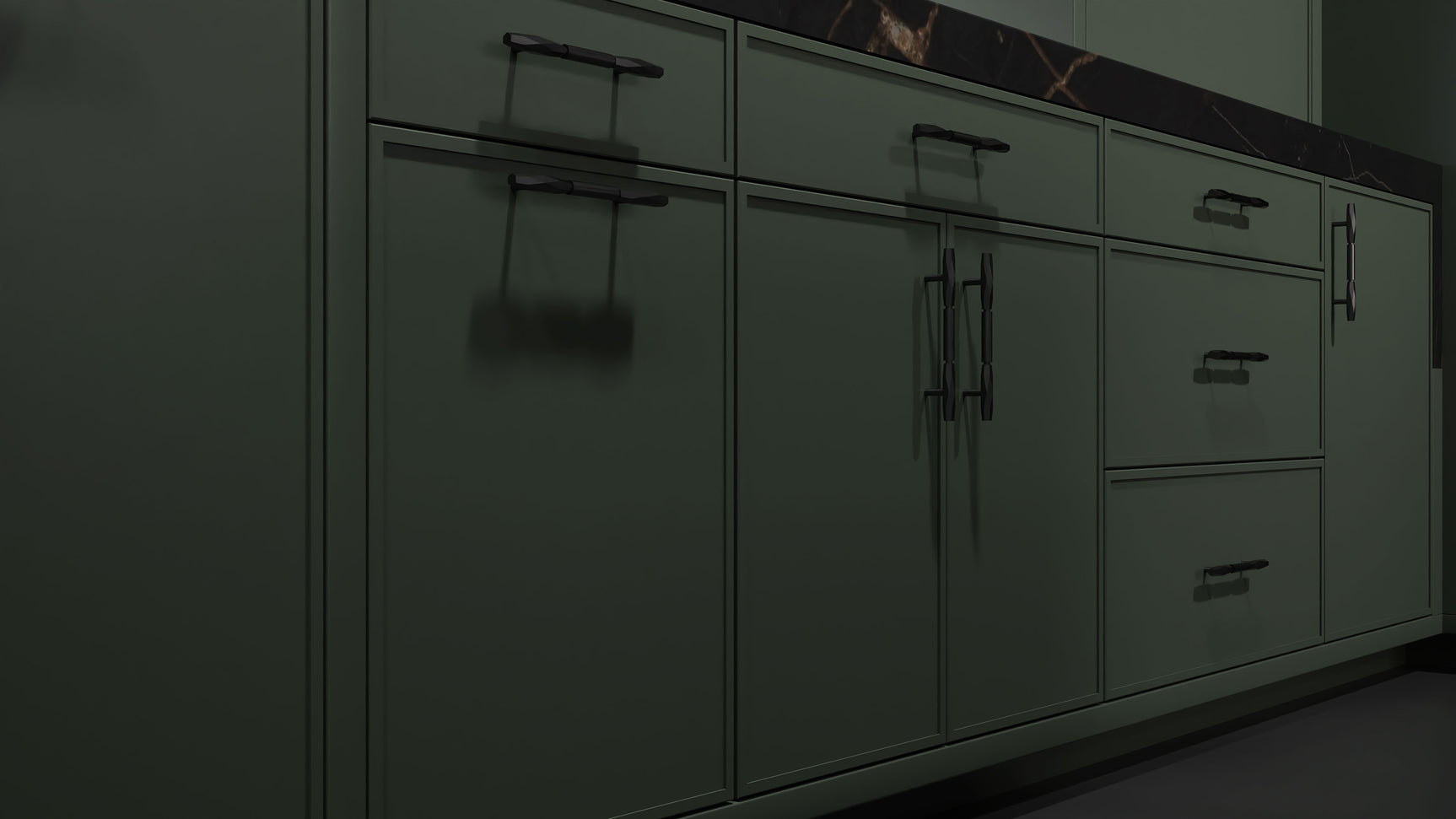 Hampton Square Pewter Green ( Maple | Plain Cut [ Frameless • Satin • Painted ] - 10' X 10' Kitchen Cabinet ) | Assembled In USA