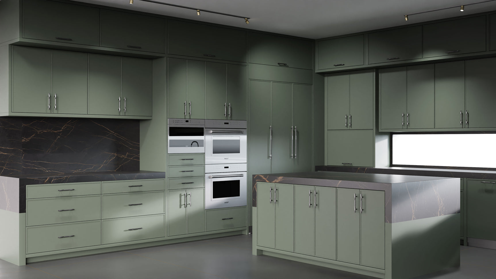 Hampton Square Pewter Green ( Maple | Plain Cut [ Frameless • Satin • Painted ] - 10' X 10' Kitchen Cabinet ) | Assembled In USA