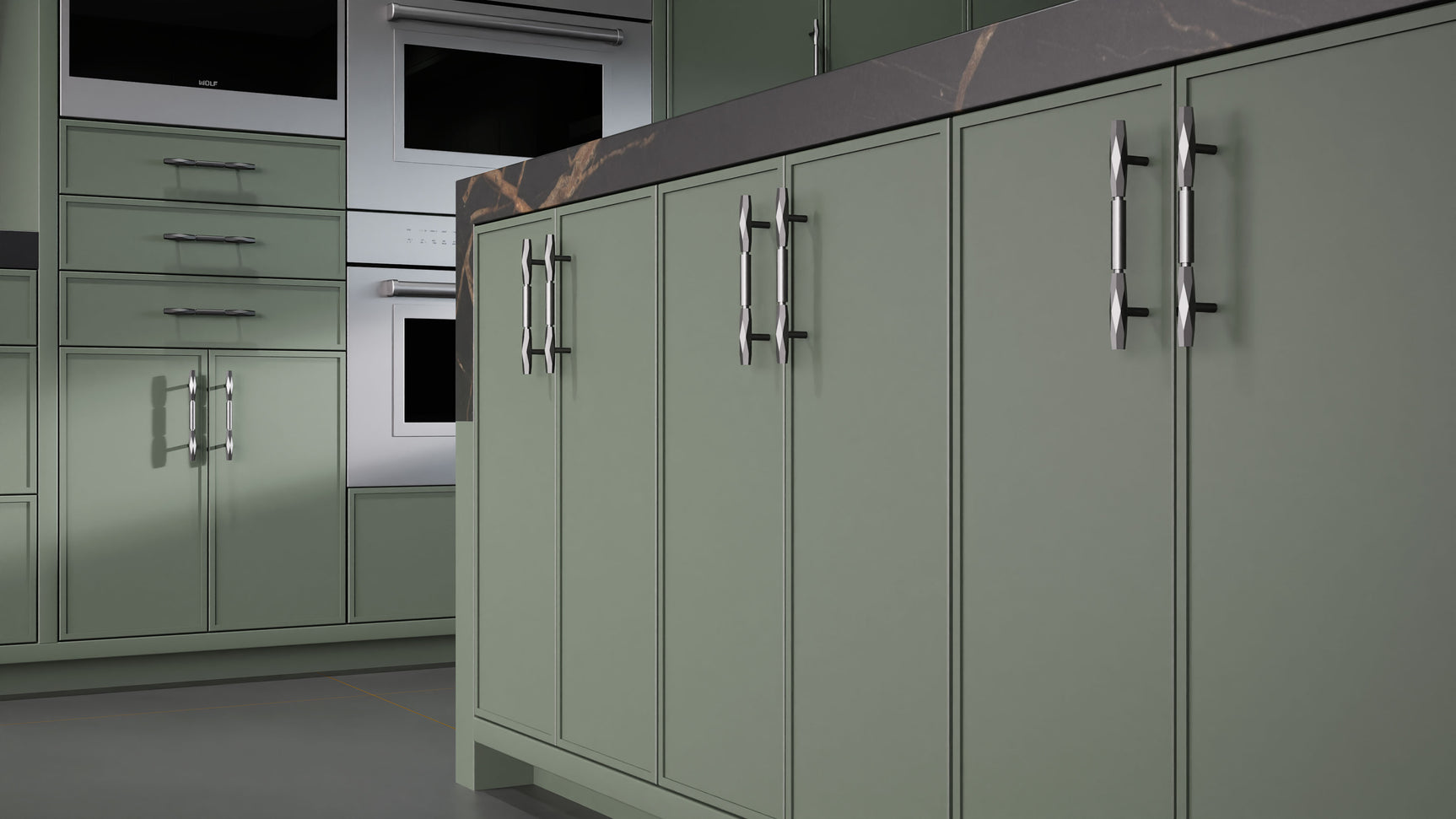 Hampton Square Pewter Green ( Maple | Plain Cut [ Frameless • Satin • Painted ] - 10' X 10' Kitchen Cabinet ) | Assembled In USA