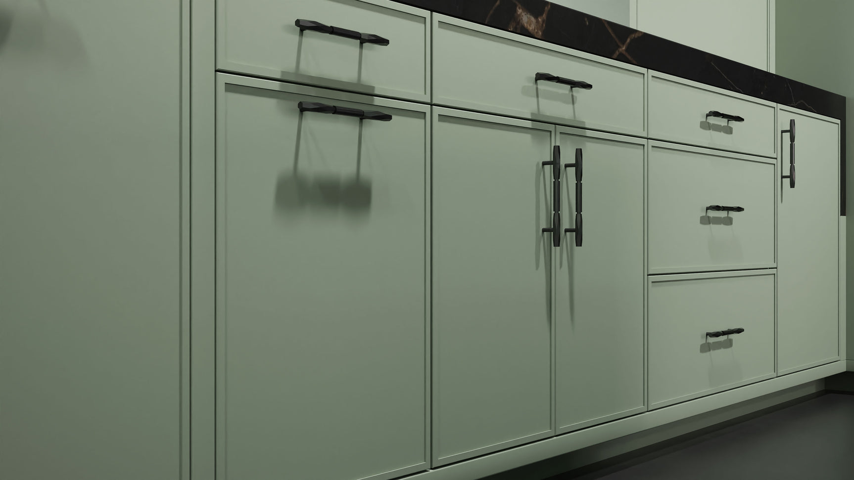 Hampton Square Sage Green ( Maple | Plain Cut [ Frameless • Satin • Painted ] - 10' X 10' Kitchen Cabinet ) | Assembled In USA