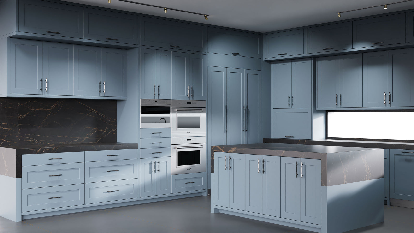 Lakeland Blue Slate ( Maple | Plain Cut [ Frameless • Satin • Painted ] - 10' X 10' Kitchen Cabinet ) | Assembled In USA