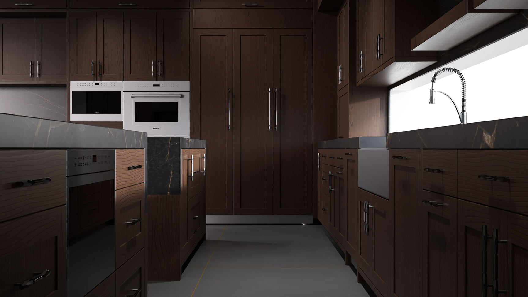 Lakeland Cherry Black Walnut ( Cherry | Plain Cut [ Frameless • Satin • Stained ] - 10' X 10' Kitchen Cabinet ) | Assembled In USA