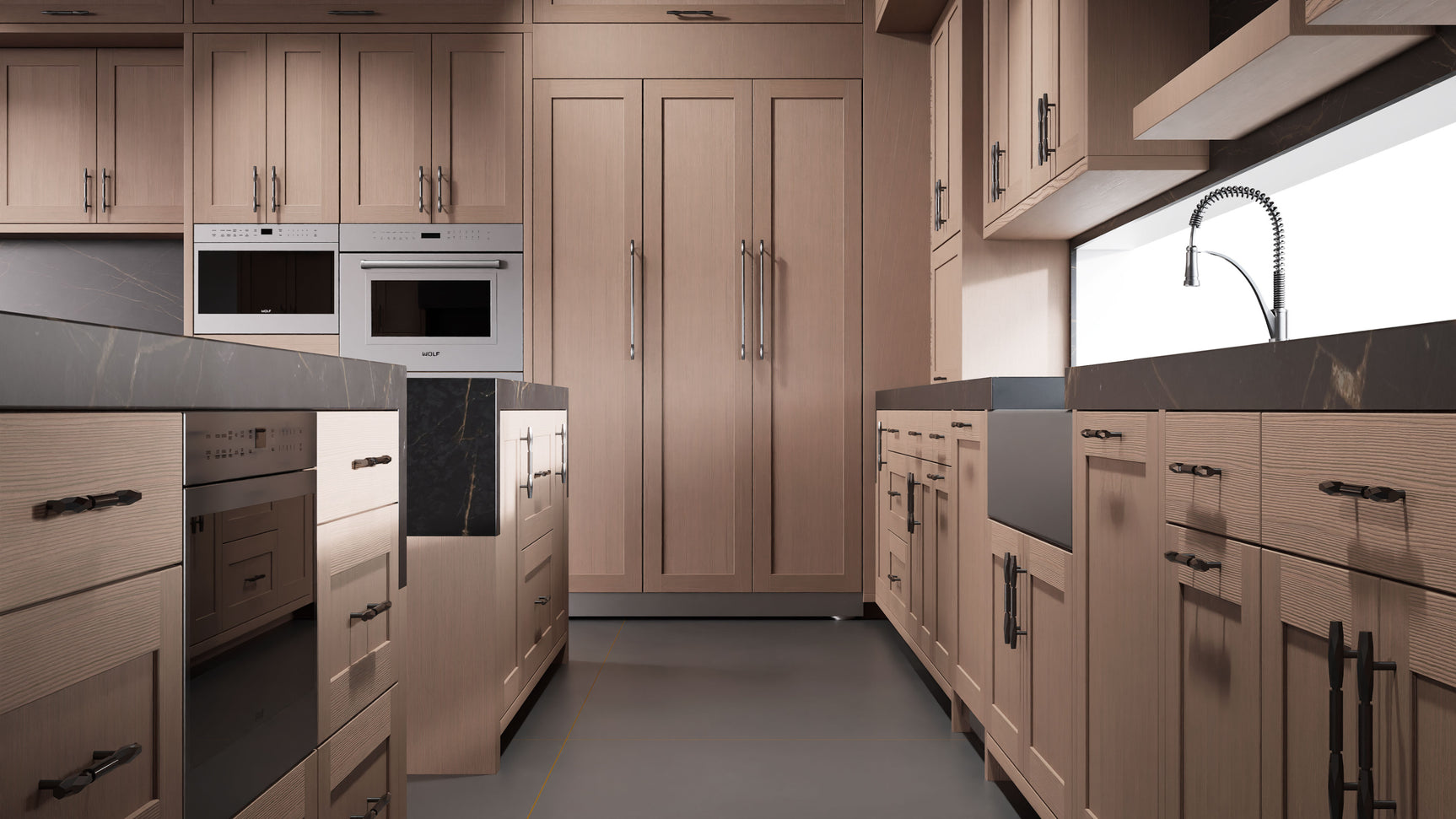 Lakeland Dusk Gray Oak ( White_Oak | Rift Cut [ Frameless • Wire Brushed • Stained ] - 10' X 10' Kitchen Cabinet ) | Assembled In USA