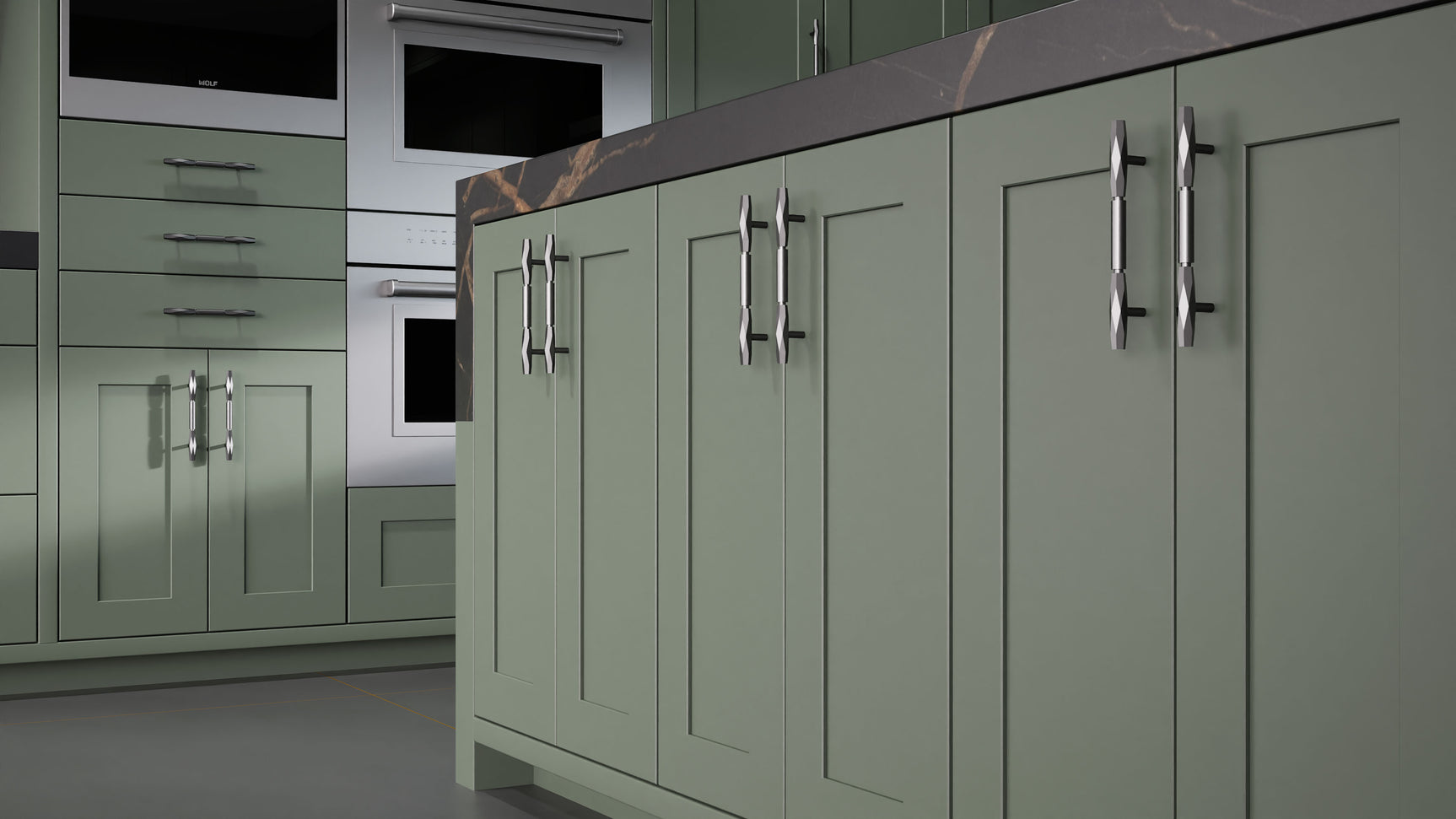 Lakeland Pewter Green ( Maple | Plain Cut [ Frameless • Satin • Painted ] - 10' X 10' Kitchen Cabinet ) | Assembled In USA