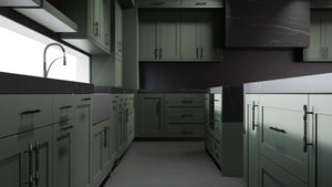 Lakeland Pewter Green ( Maple | Plain Cut [ Frameless • Satin • Painted ] - 10' X 10' Kitchen Cabinet ) | Assembled In USA