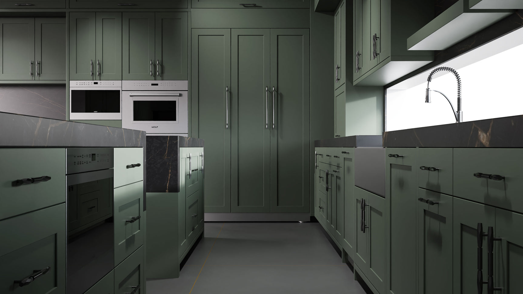 Lakeland Pewter Green ( Maple | Plain Cut [ Frameless • Satin • Painted ] - 10' X 10' Kitchen Cabinet ) | Assembled In USA