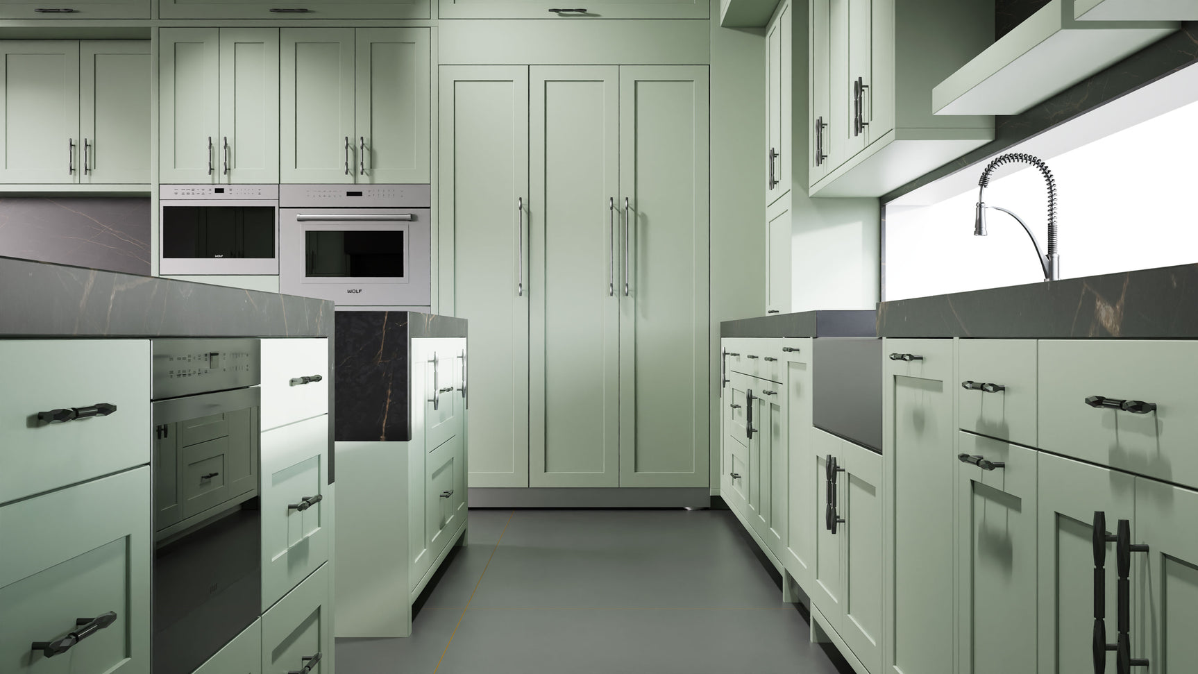 Lakeland Sage Green ( Maple | Plain Cut [ Frameless • Satin • Painted ] - 10' X 10' Kitchen Cabinet ) | Assembled In USA