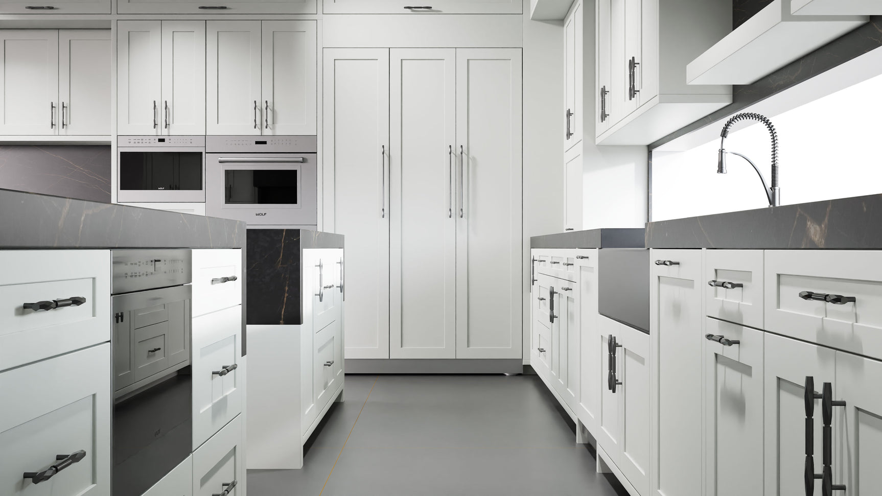 Lakeland II Dove Gray ( Maple | Plain Cut [ Frameless • Satin • Painted ] - 10' X 10' Kitchen Cabinet ) | Assembled In USA