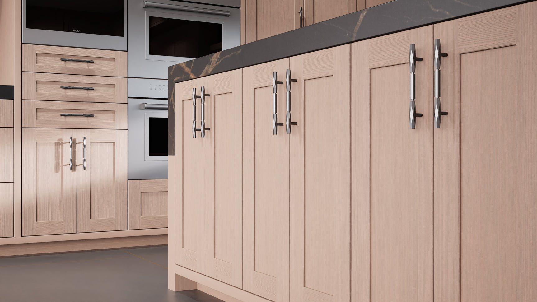 Lakeland II Dusk Gray Oak ( White_Oak | Rift Cut [ Frameless • Wire Brushed • Stained ] - 10' X 10' Kitchen Cabinet ) | Assembled In USA