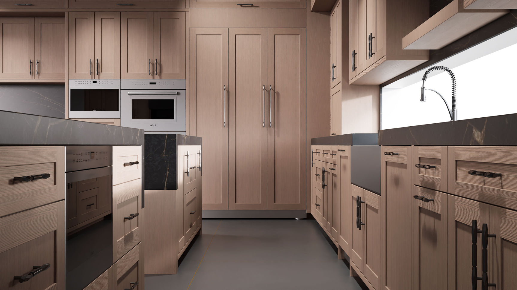 Lakeland II Dusk Gray Oak ( White_Oak | Rift Cut [ Frameless • Wire Brushed • Stained ] - 10' X 10' Kitchen Cabinet ) | Assembled In USA