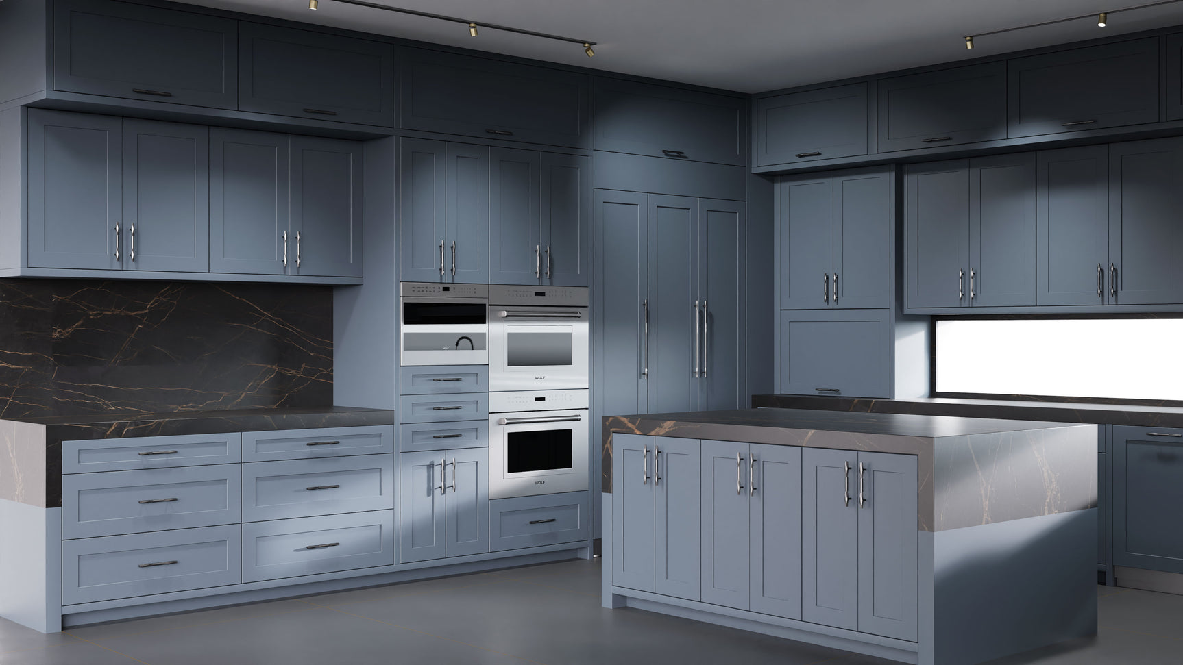 Lakeland II Midnight Blue ( Maple | Plain Cut [ Frameless • Satin • Painted ] - 10' X 10' Kitchen Cabinet ) | Assembled In USA