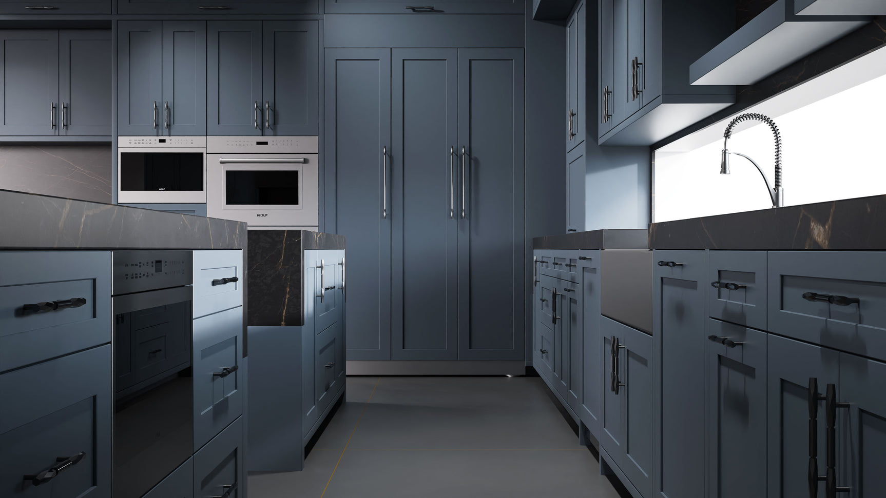 Lakeland II Midnight Blue ( Maple | Plain Cut [ Frameless • Satin • Painted ] - 10' X 10' Kitchen Cabinet ) | Assembled In USA