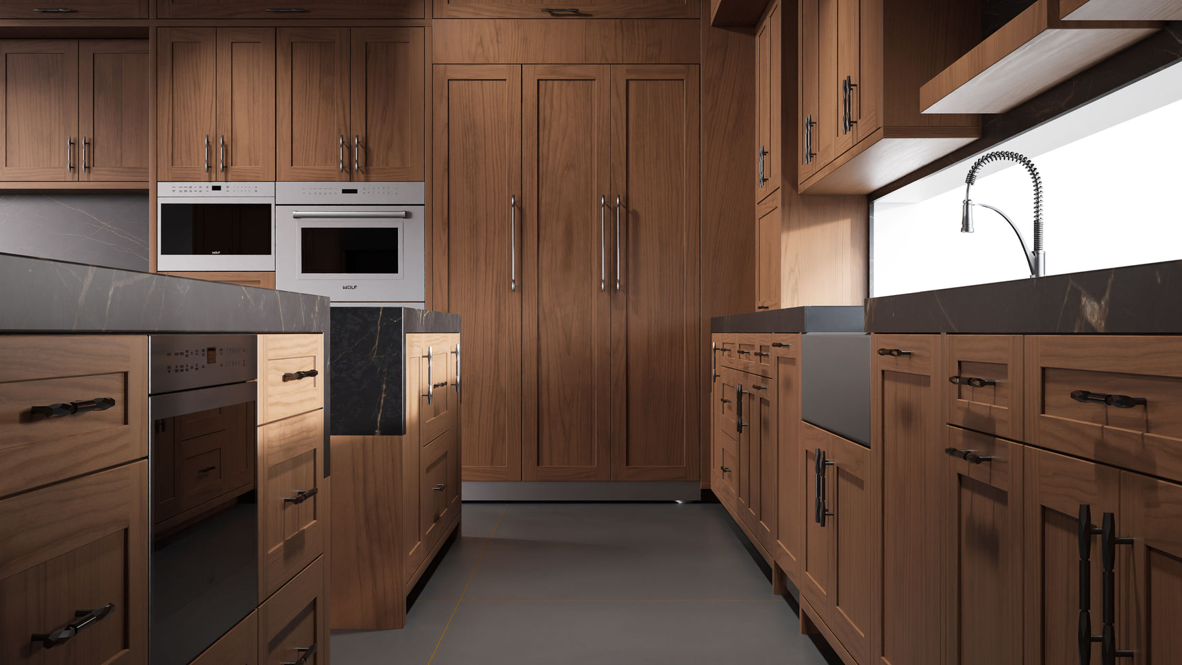 Lakeland II Natural Walnut ( Walnut | Plain Cut [ Frameless • Satin • Stained ] - 10' X 10' Kitchen Cabinet ) | Assembled In USA