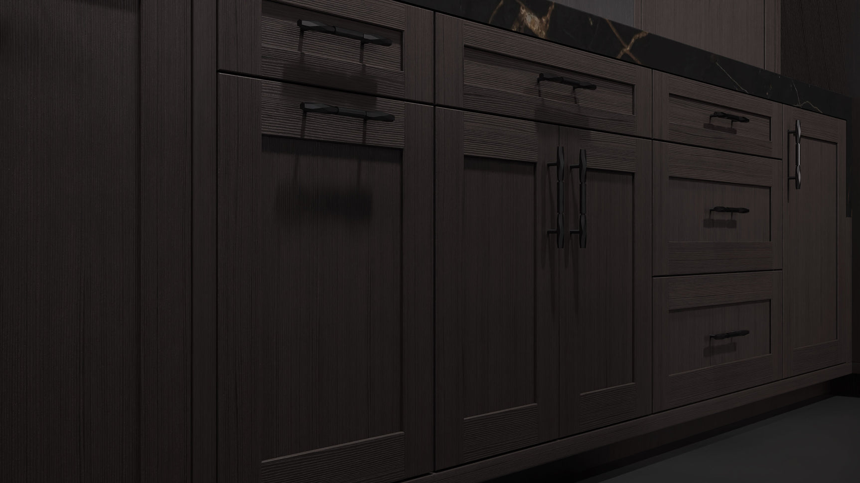 Lakeland II Onyx Oak ( White_Oak | Rift Cut [ Frameless • Wire Brushed • Stained ] - 10' X 10' Kitchen Cabinet ) | Assembled In USA