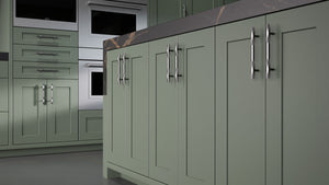 Lakeland II Pewter Green ( Maple | Plain Cut [ Frameless • Satin • Painted ] - 10' X 10' Kitchen Cabinet ) | Assembled In USA