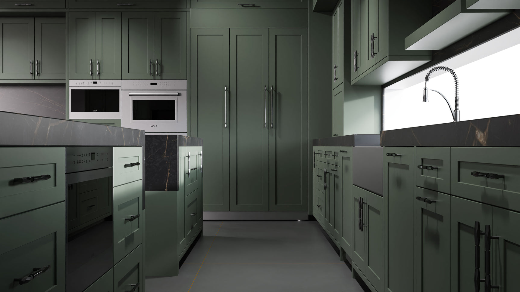 Lakeland II Pewter Green ( Maple | Plain Cut [ Frameless • Satin • Painted ] - 10' X 10' Kitchen Cabinet ) | Assembled In USA