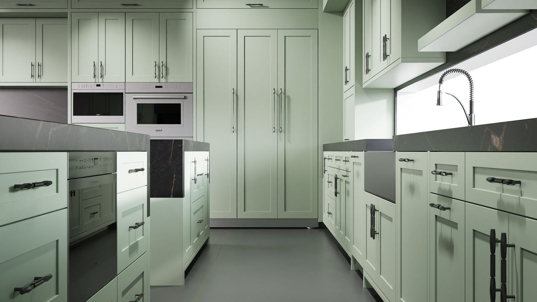 Lakeland II Sage Green ( Maple | Plain Cut [ Frameless • Satin • Painted ] - 10' X 10' Kitchen Cabinet ) | Assembled In USA