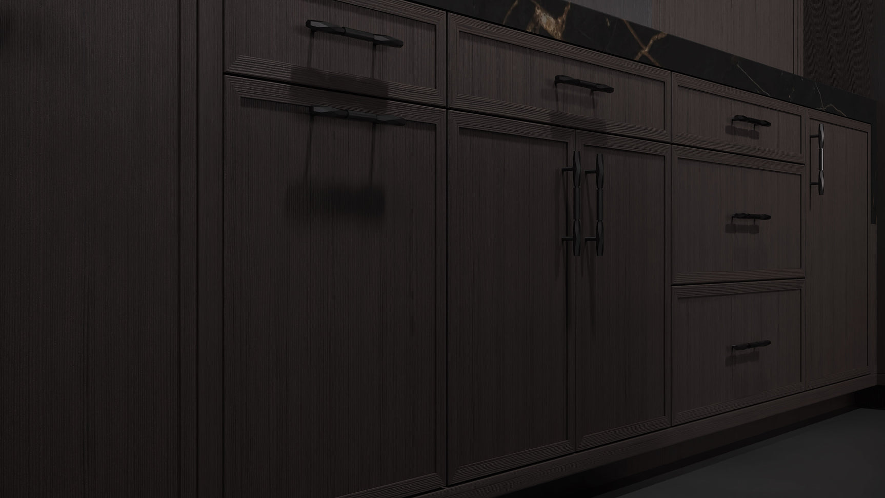 Montauk Onyx Oak ( White_Oak | Rift Cut [ Frameless • Wire Brushed • Stained ] - 10' X 10' Kitchen Cabinet ) | Assembled In USA