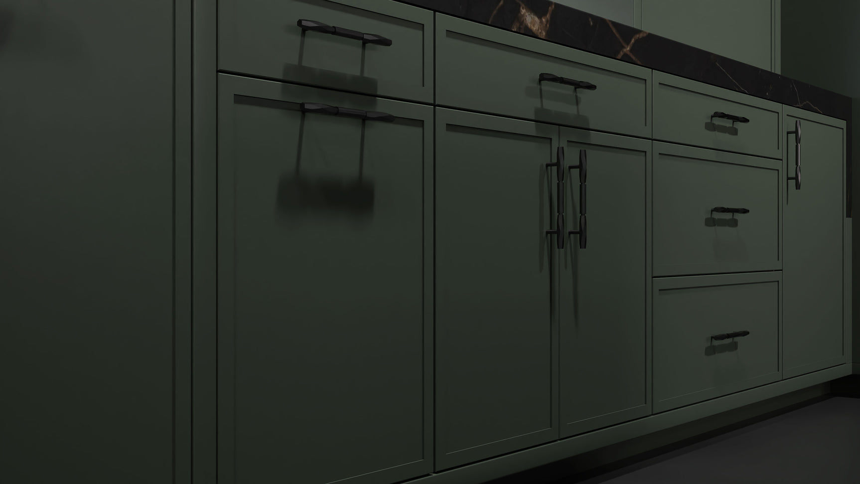 Montauk Pewter Green ( Maple | Plain Cut [ Frameless • Satin • Painted ] - 10' X 10' Kitchen Cabinet ) | Assembled In USA