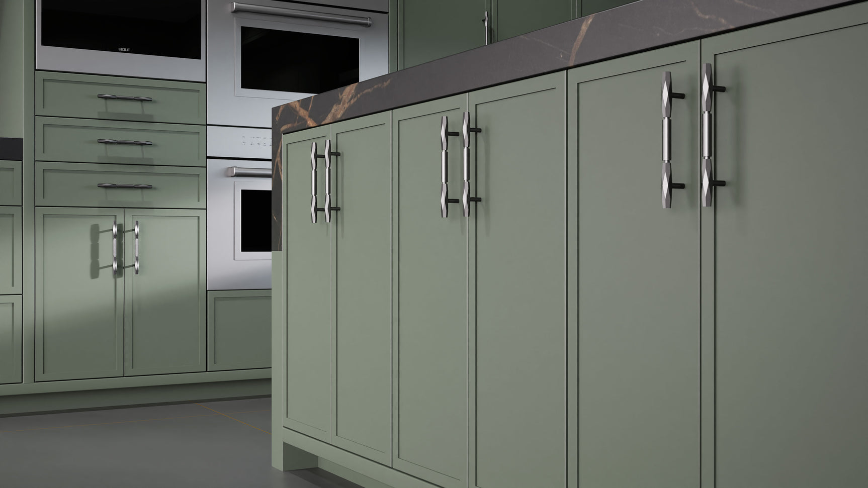 Montauk Pewter Green ( Maple | Plain Cut [ Frameless • Satin • Painted ] - 10' X 10' Kitchen Cabinet ) | Assembled In USA