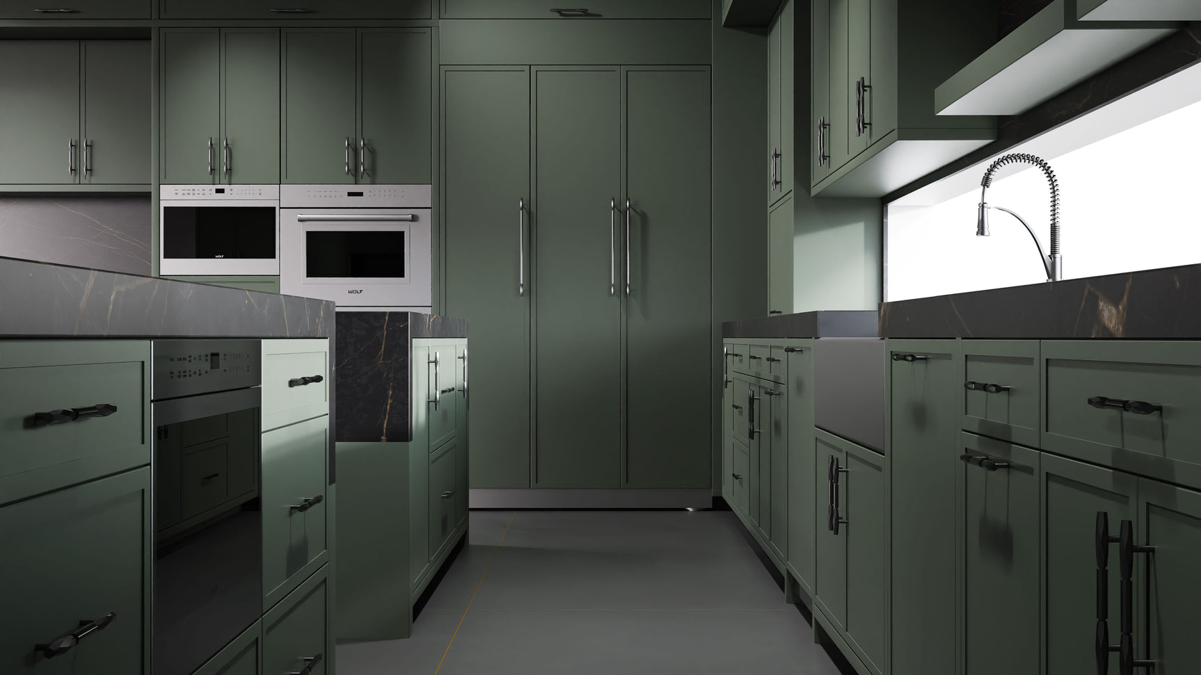 Montauk Pewter Green ( Maple | Plain Cut [ Frameless • Satin • Painted ] - 10' X 10' Kitchen Cabinet ) | Assembled In USA