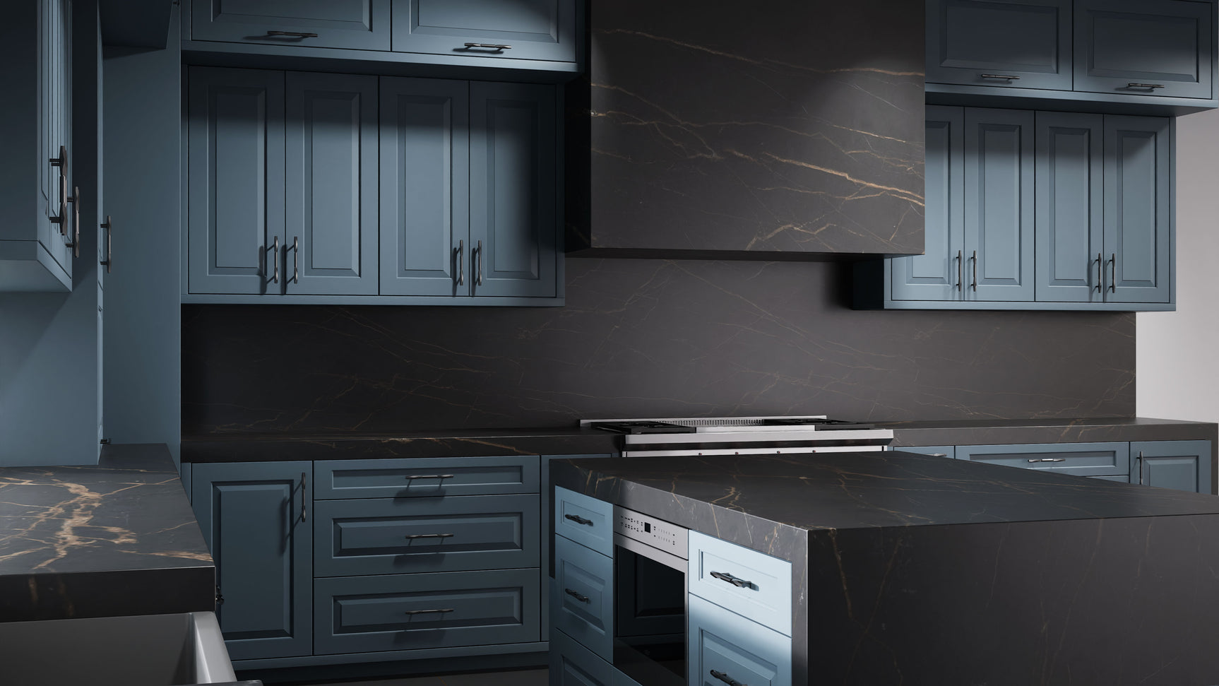 Newhaven Blue Slate ( Maple | Plain Cut [ Frameless • Satin • Painted ] - 10' X 10' Kitchen Cabinet ) | Assembled In USA