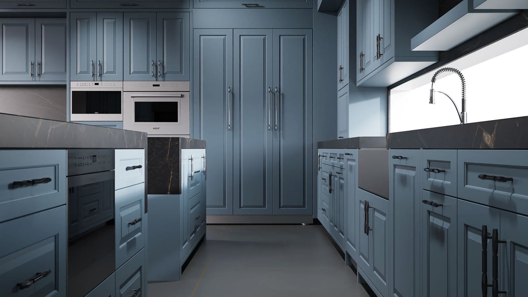 Newhaven Blue Slate ( Maple | Plain Cut [ Frameless • Satin • Painted ] - 10' X 10' Kitchen Cabinet ) | Assembled In USA