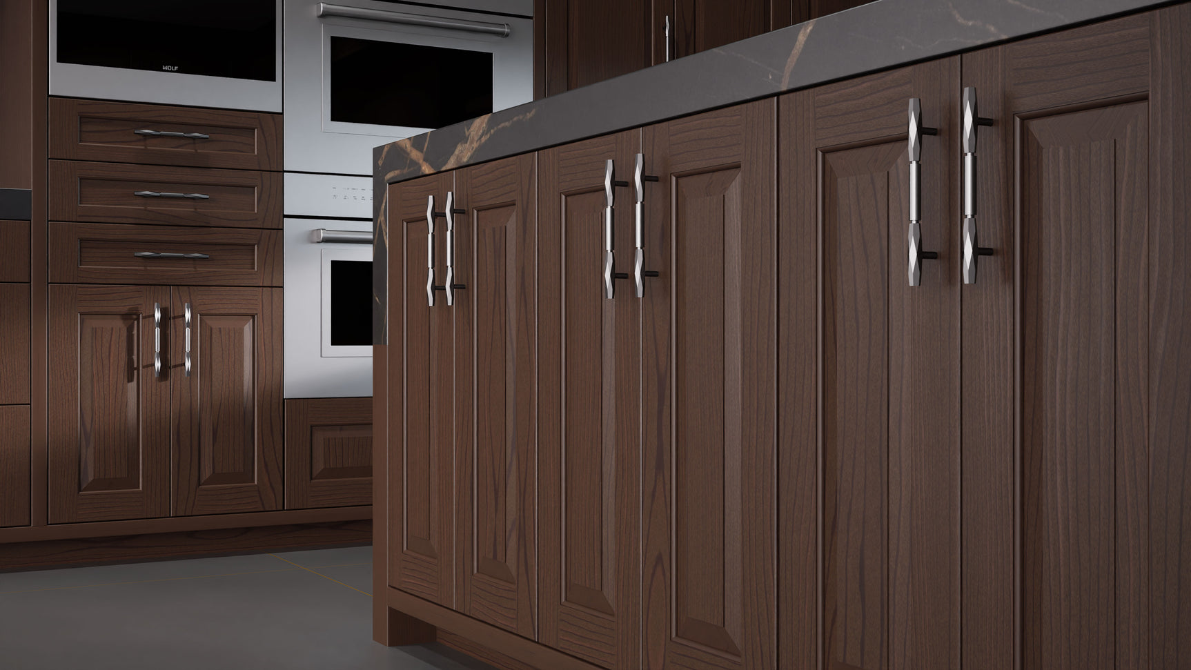 Newhaven Cherry Black Walnut ( Cherry | Plain Cut [ Frameless • Satin • Stained ] - 10' X 10' Kitchen Cabinet ) | Assembled In USA