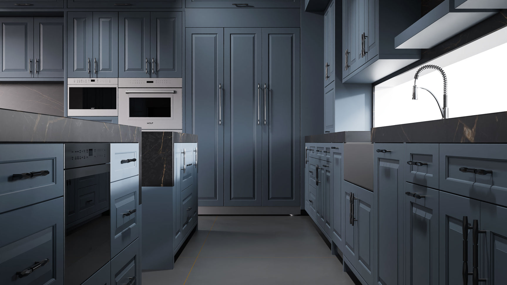 Newhaven Midnight Blue ( Maple | Plain Cut [ Frameless • Satin • Painted ] - 10' X 10' Kitchen Cabinet ) | Assembled In USA