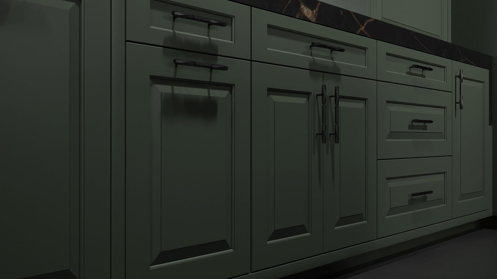 Newhaven Pewter Green ( Maple | Plain Cut [ Frameless • Satin • Painted ] - 10' X 10' Kitchen Cabinet ) | Assembled In USA