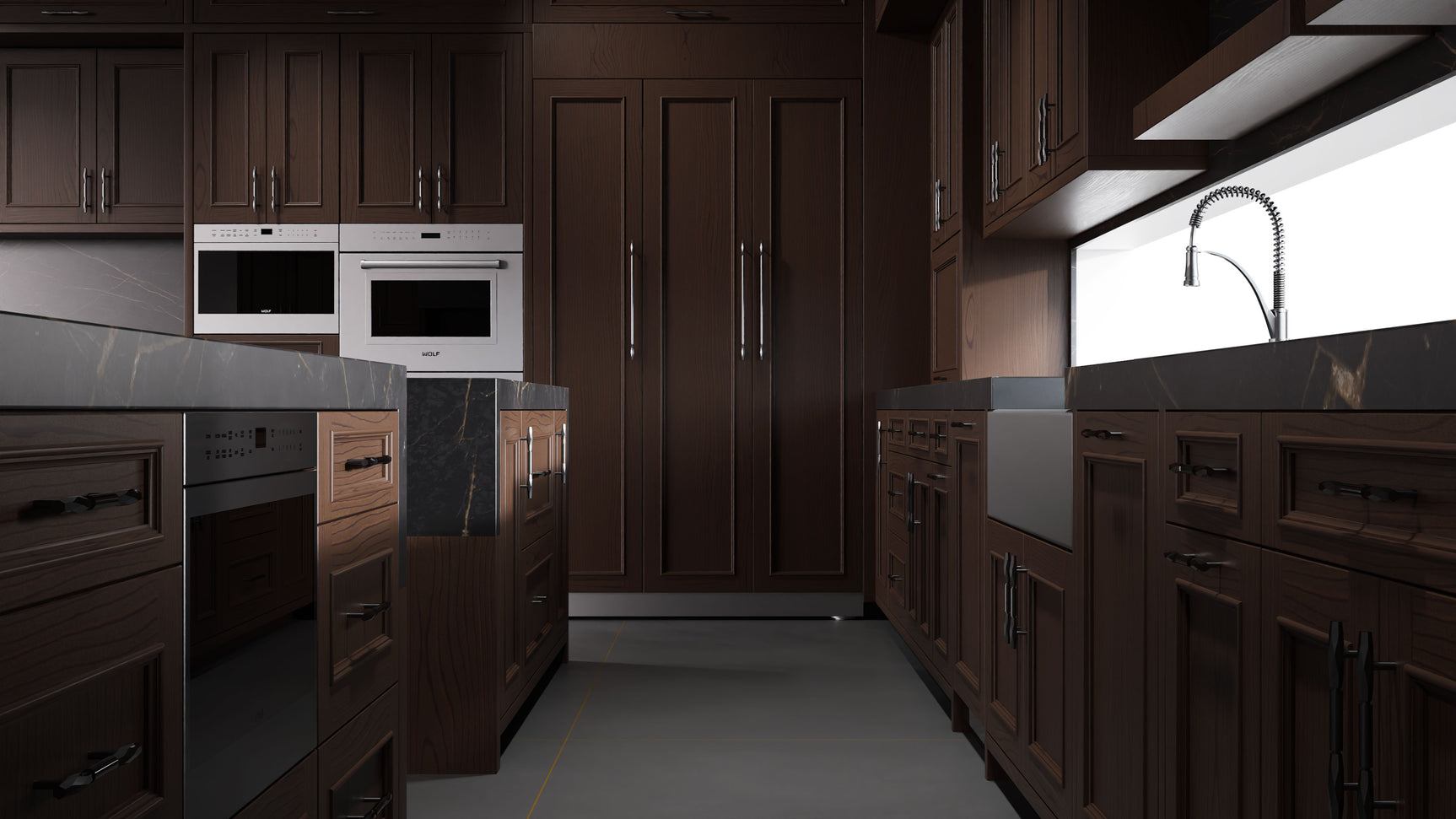 Ridgewood Cherry Black Walnut ( Cherry | Plain Cut [ Frameless • Satin • Stained ] - 10' X 10' Kitchen Cabinet ) | Assembled In USA