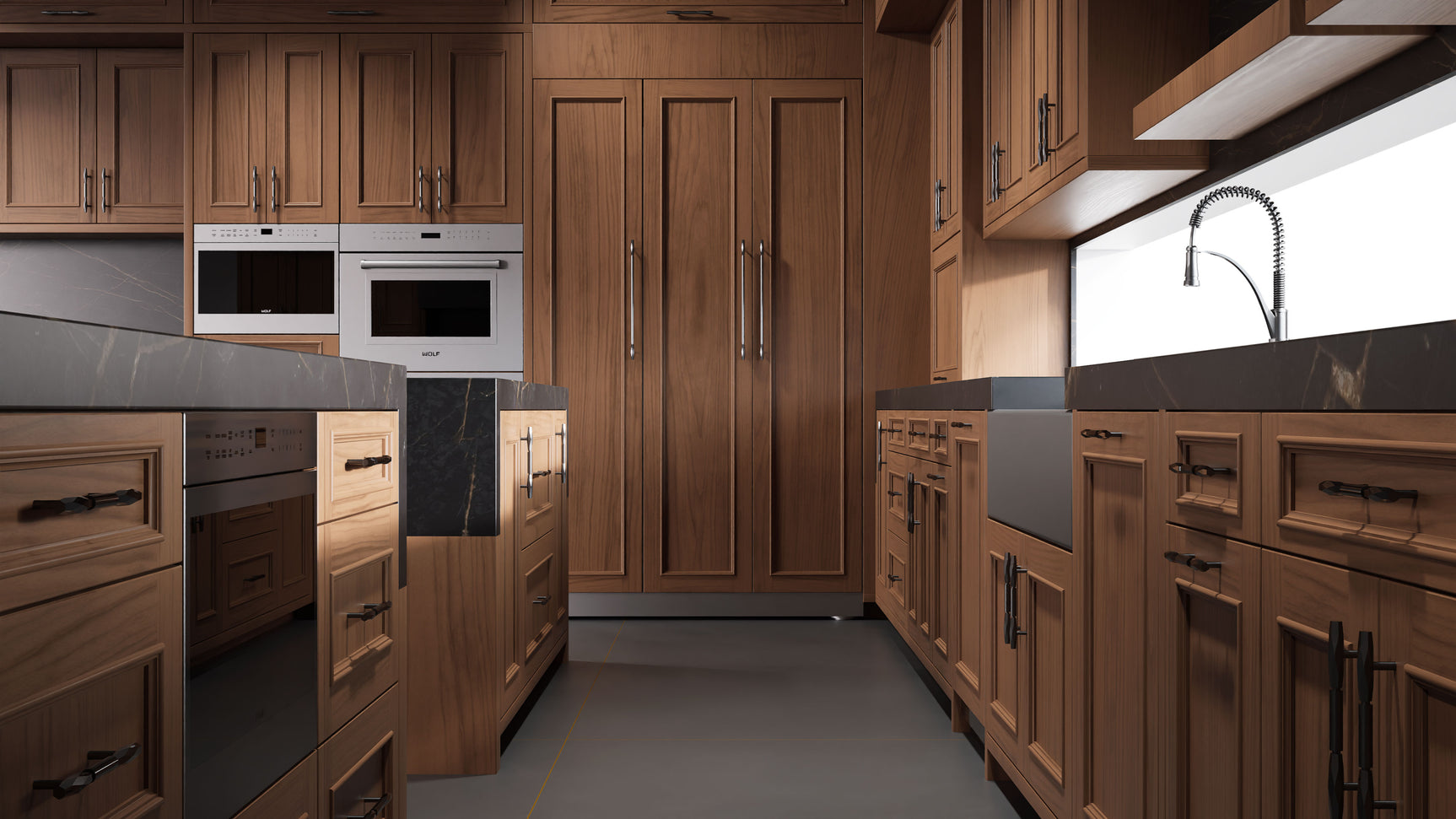 Ridgewood Natural Walnut ( Walnut | Plain Cut [ Frameless • Satin • Stained ] - 10' X 10' Kitchen Cabinet ) | Assembled In USA