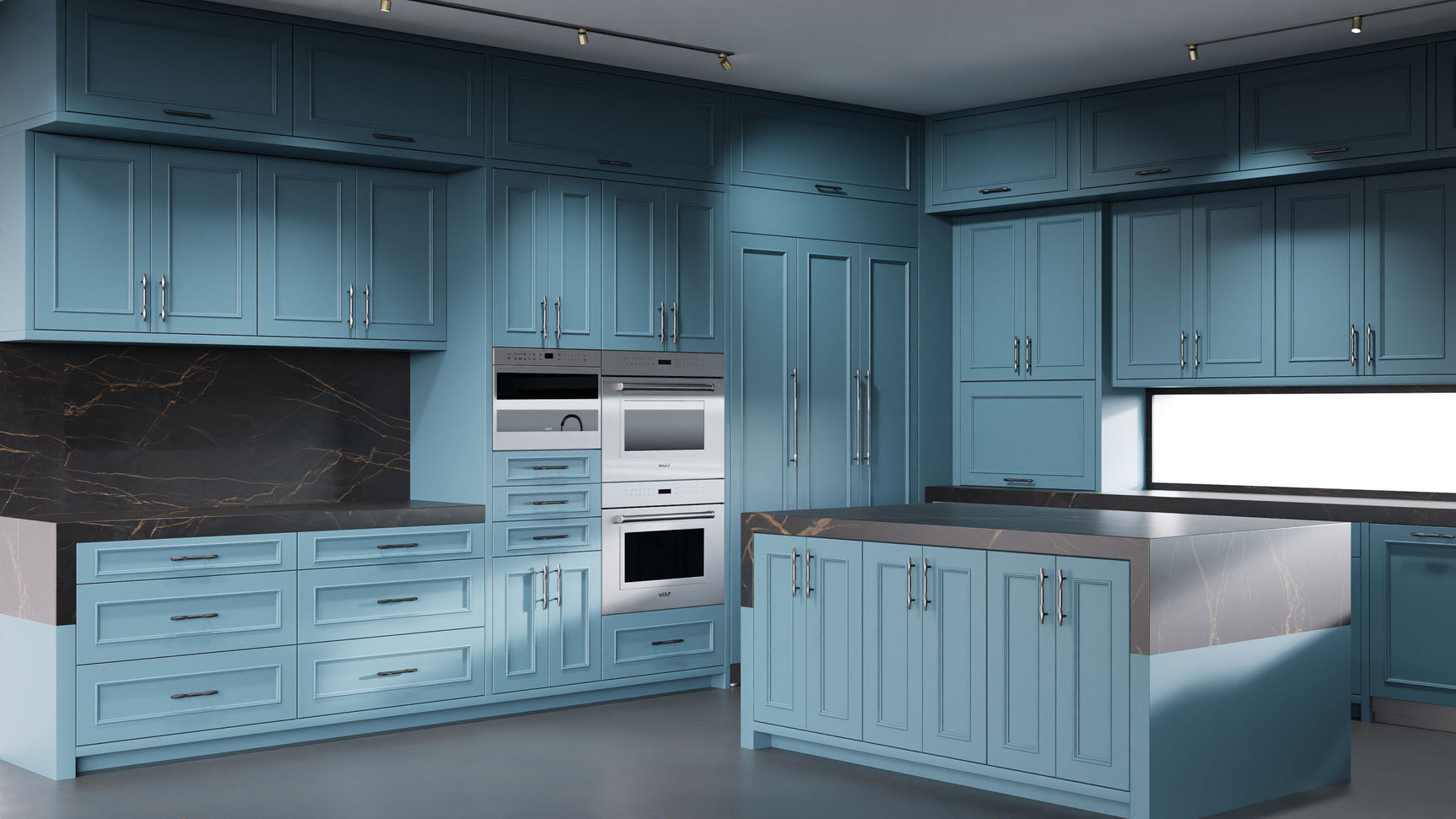 Ridgewood Oceana Blue ( Maple | Plain Cut [ Frameless • Satin • Painted ] - 10' X 10' Kitchen Cabinet ) | Assembled In USA