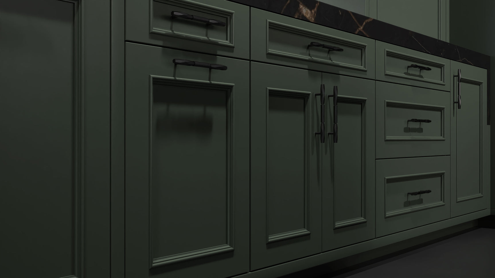 Ridgewood Pewter Green ( Maple | Plain Cut [ Frameless • Satin • Painted ] - 10' X 10' Kitchen Cabinet ) | Assembled In USA