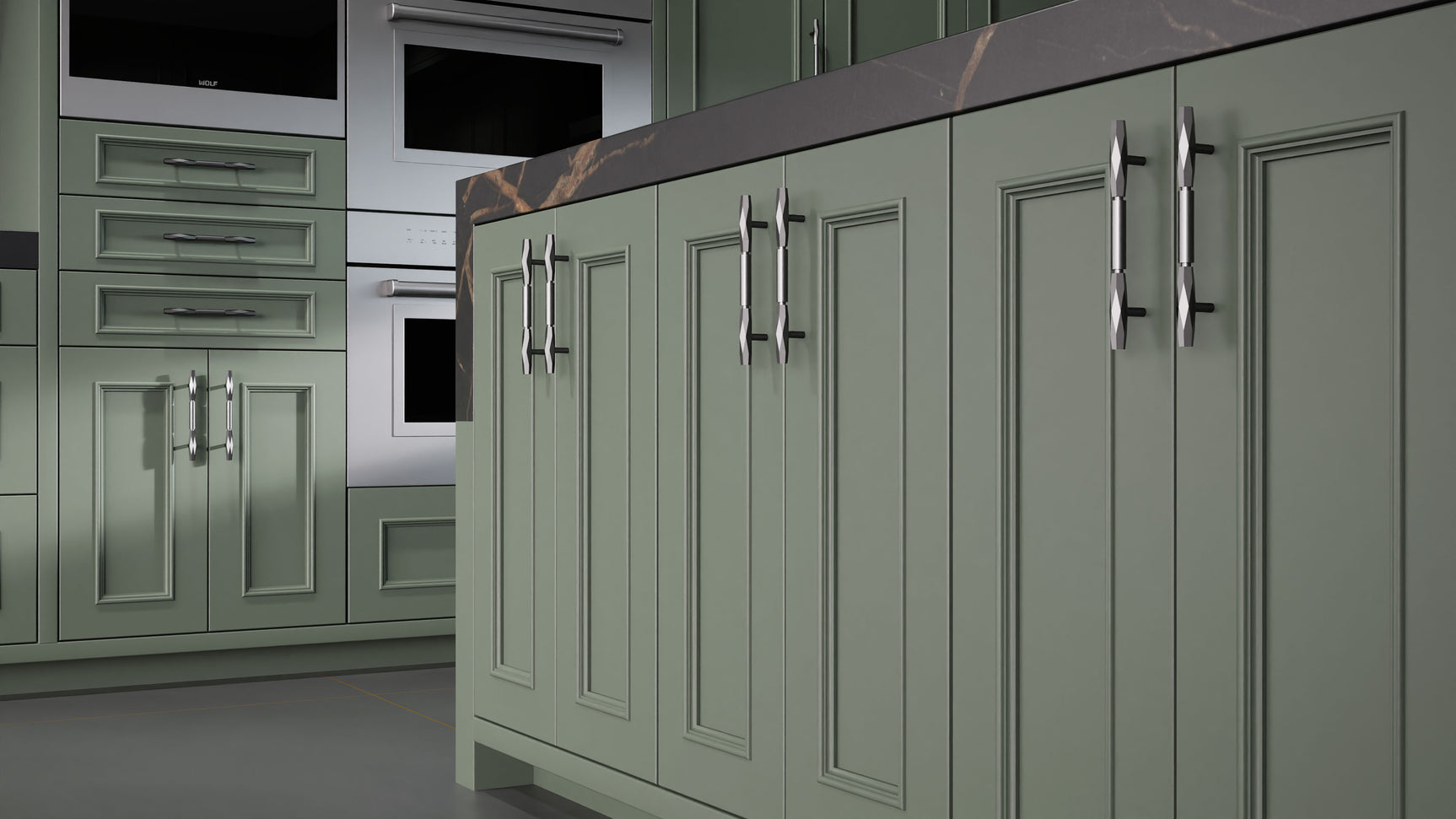 Ridgewood Pewter Green ( Maple | Plain Cut [ Frameless • Satin • Painted ] - 10' X 10' Kitchen Cabinet ) | Assembled In USA