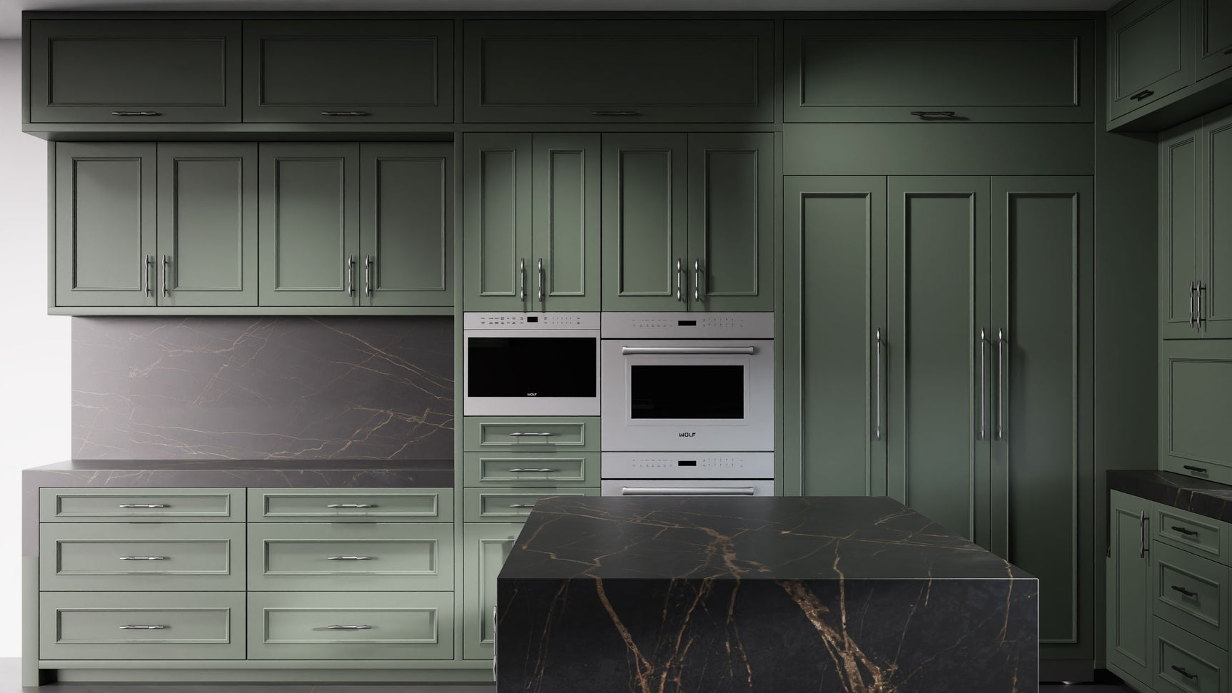 Ridgewood Pewter Green ( Maple | Plain Cut [ Frameless • Satin • Painted ] - 10' X 10' Kitchen Cabinet ) | Assembled In USA