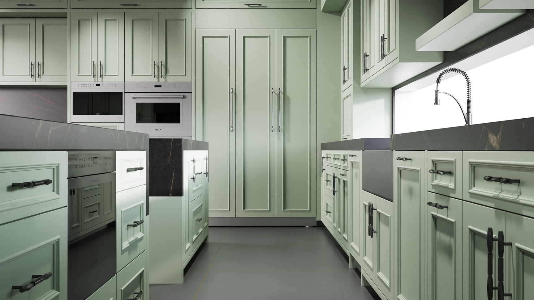 Ridgewood Sage Green ( Maple | Plain Cut [ Frameless • Satin • Painted ] - 10' X 10' Kitchen Cabinet ) | Assembled In USA