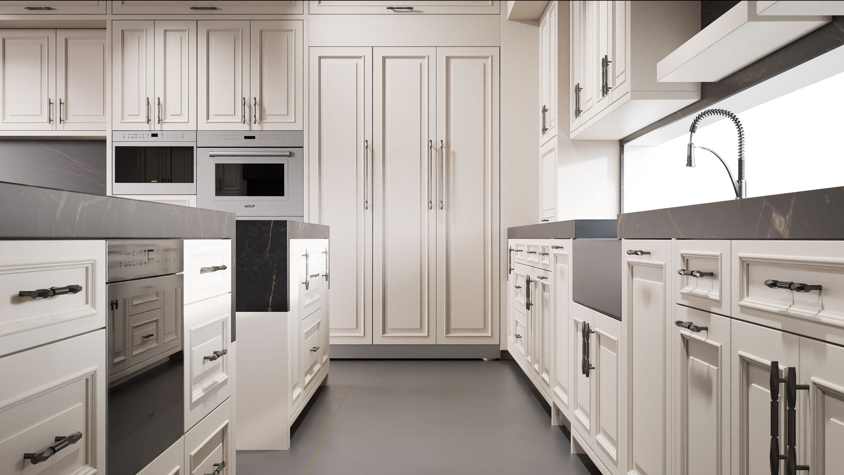 Wellington Anew Gray ( Maple | Plain Cut [ Frameless • Satin • Painted ] - 10' X 10' Kitchen Cabinet ) | Assembled In USA